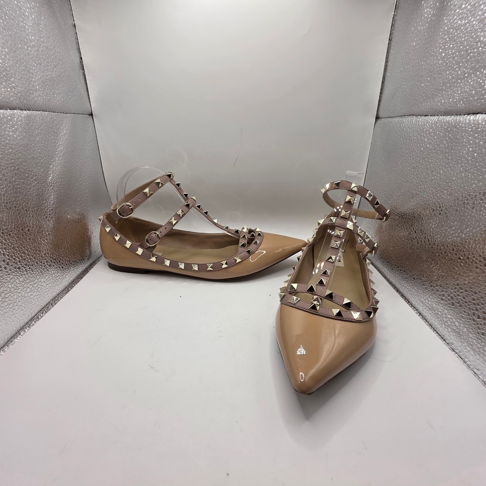 Kaitlyn Pan Nude Patent Rockstud Strappy Pointed Toe Flats Shoes Womens 10.5